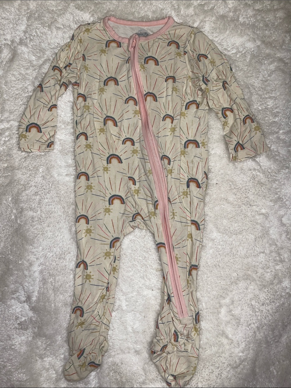 Mud Pie Cream Rainbow & Sun Footed One-Piece with Pink Trim